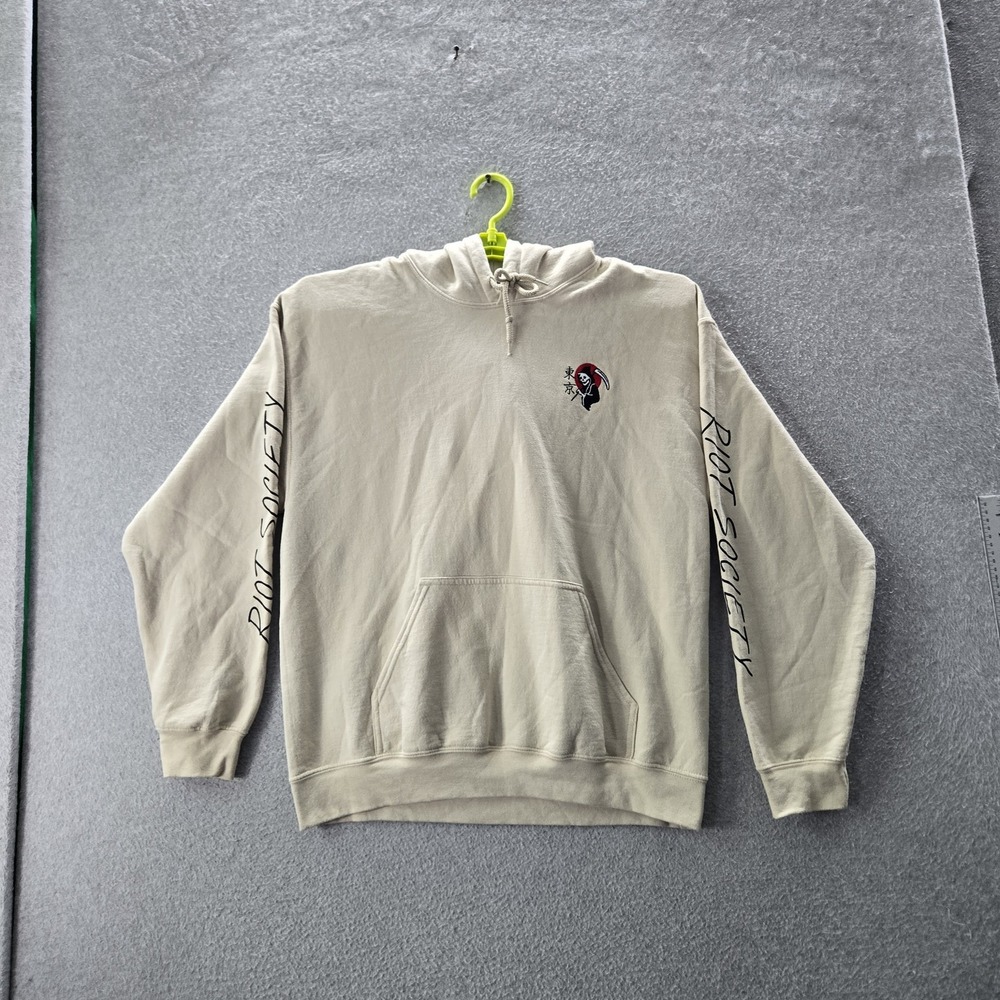 Riot Society Men Hoodie L Beige Fleece Grim Reaper Streetwear Embroidery Logo